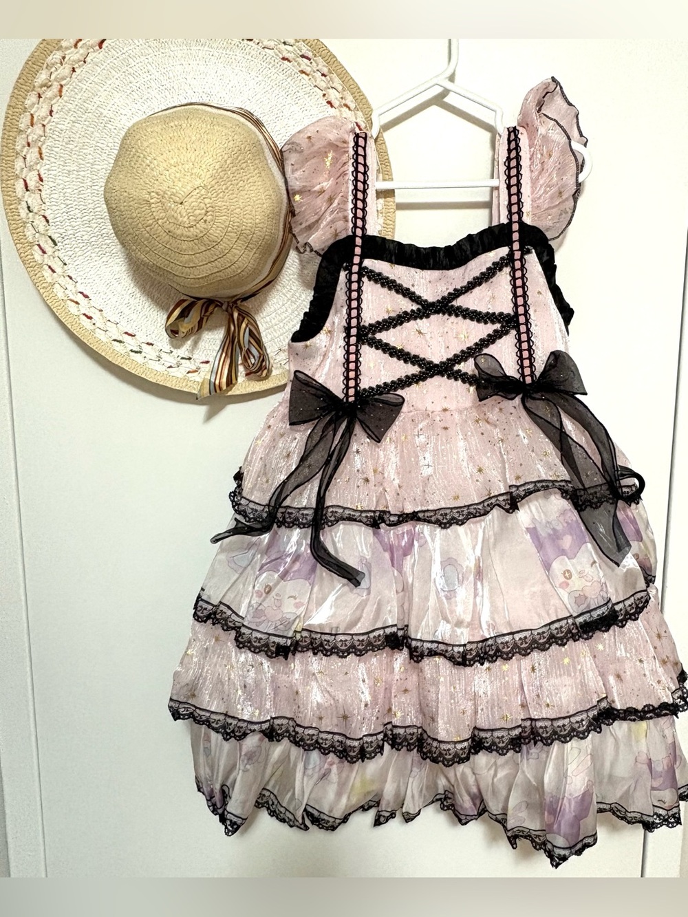 KUROMI Pink Ruffle Party Dress with Black Lace Trim NWT 7T